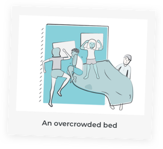 A child sleeping in an overcrowded bed