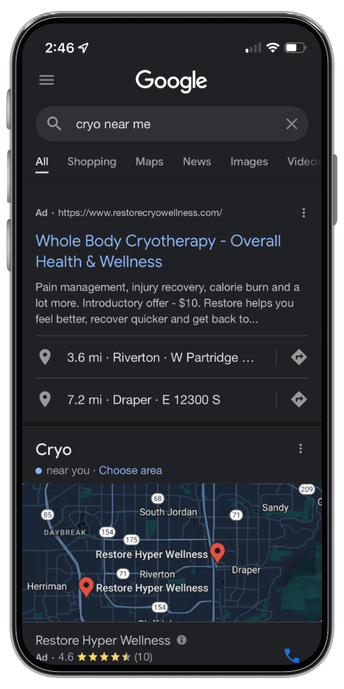 cryo near me Google search results for Restore Hyper Wellness in Utah